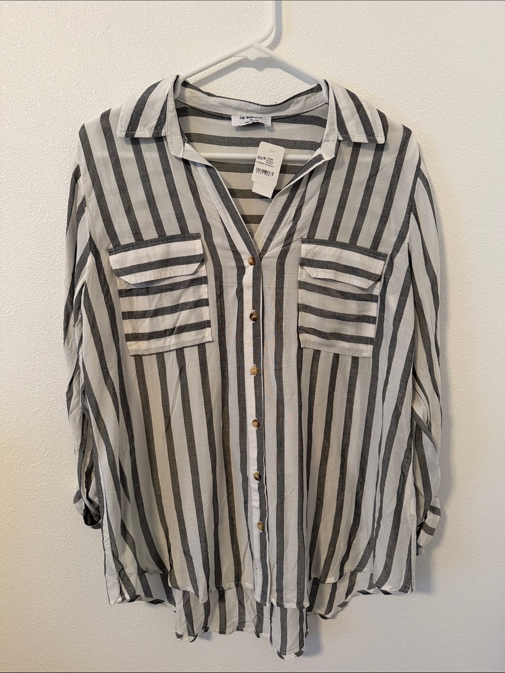 Workshop Clothing muted Black & White Striped Sheer Button-Front Top